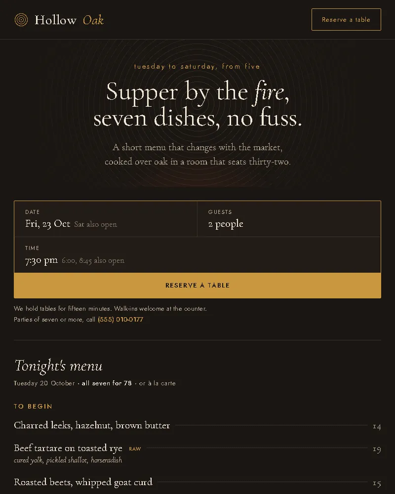 Dark, typographic menu with leaders and a reservation bar (website sample, phone view)