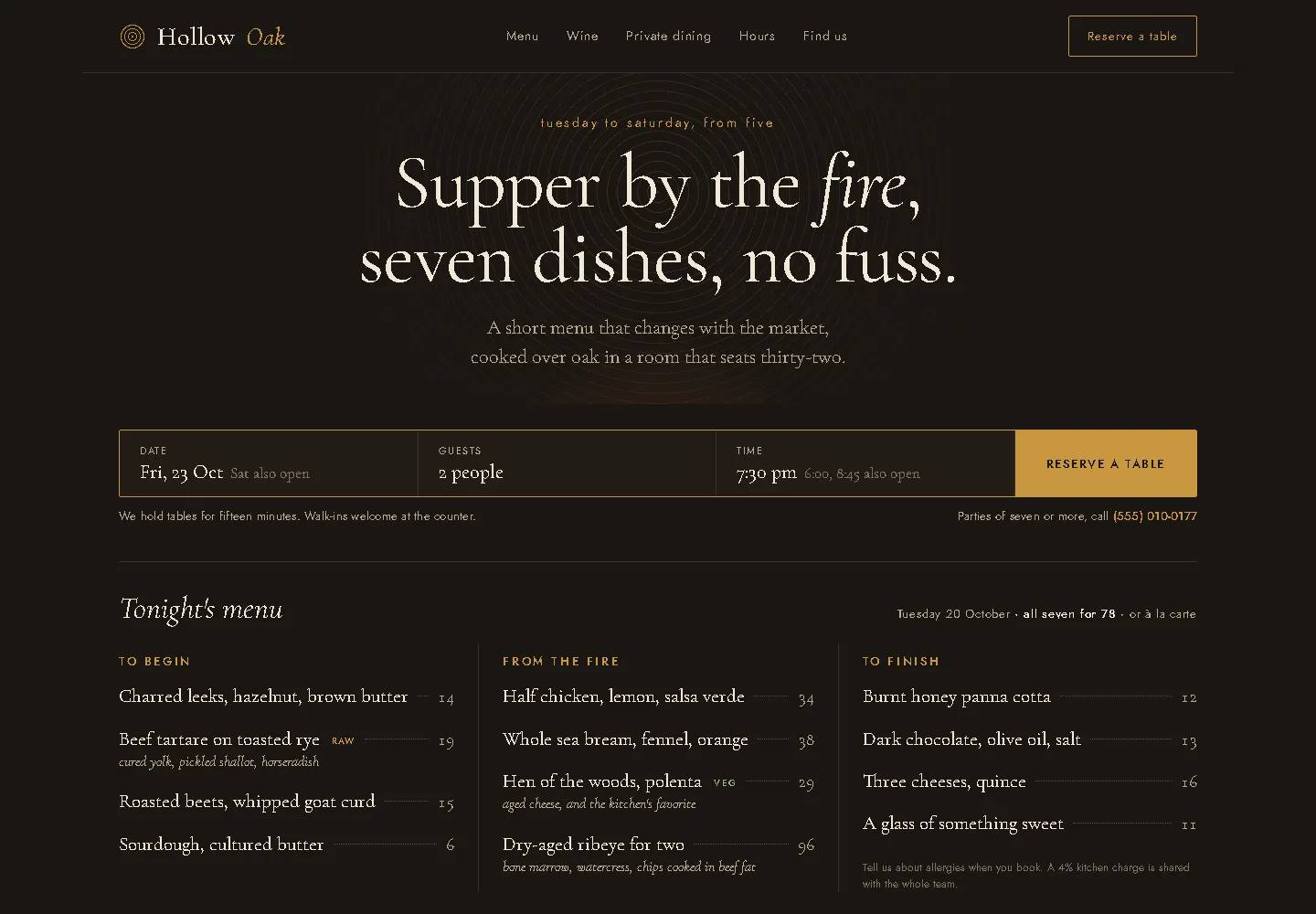 Restaurant site with an easy-to-read menu and table reservations (website sample, desktop view)