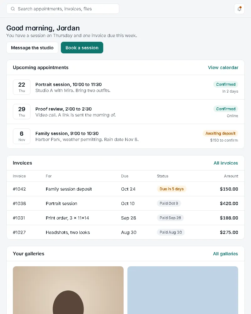 Client portal: appointments, invoices, messages in one light view (web app sample, phone view)