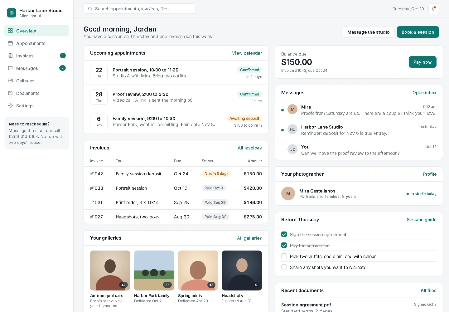 Client portal: appointments, invoices, messages in one light view (web app sample, desktop view)