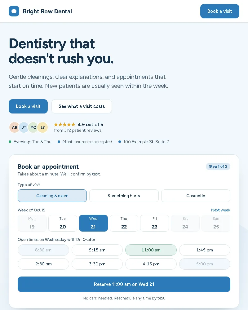 Calm clinical blue with a one-minute booking card (website sample, phone view)