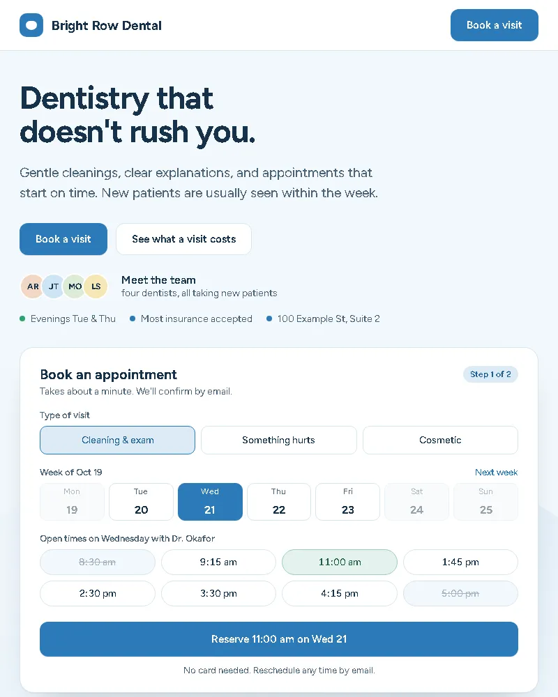 Calm dental clinic site with a quick booking form (website sample, phone view)