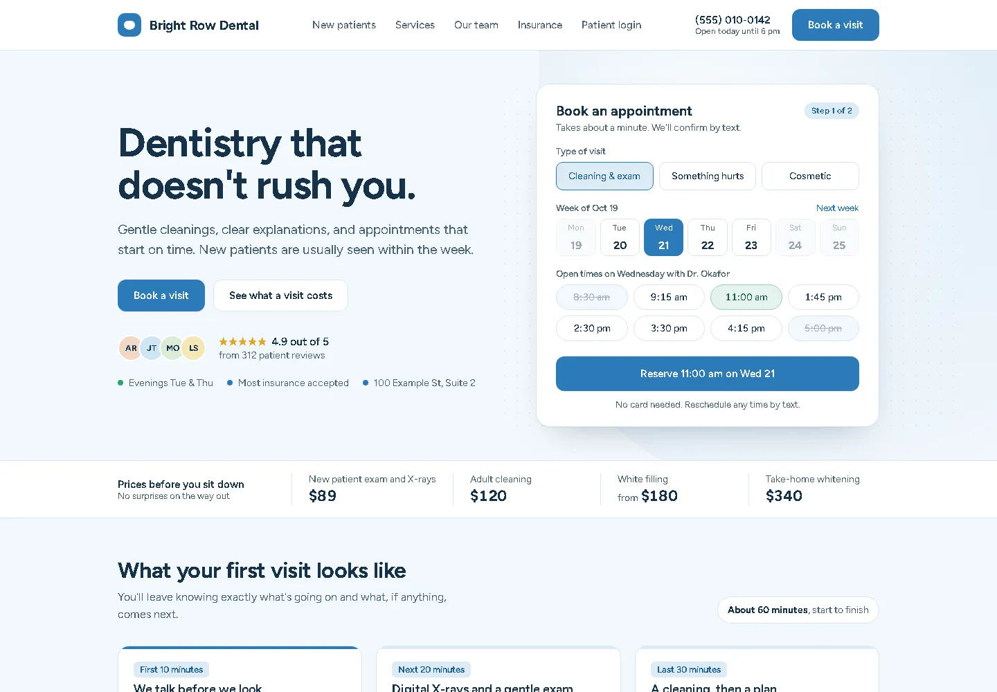 Calm clinical blue with a one-minute booking card (website sample, desktop view)