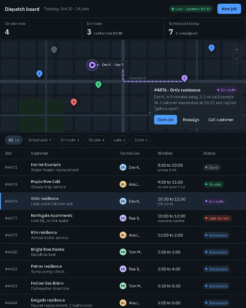 Dense dispatch board with status chips and live map (web app sample, phone view)