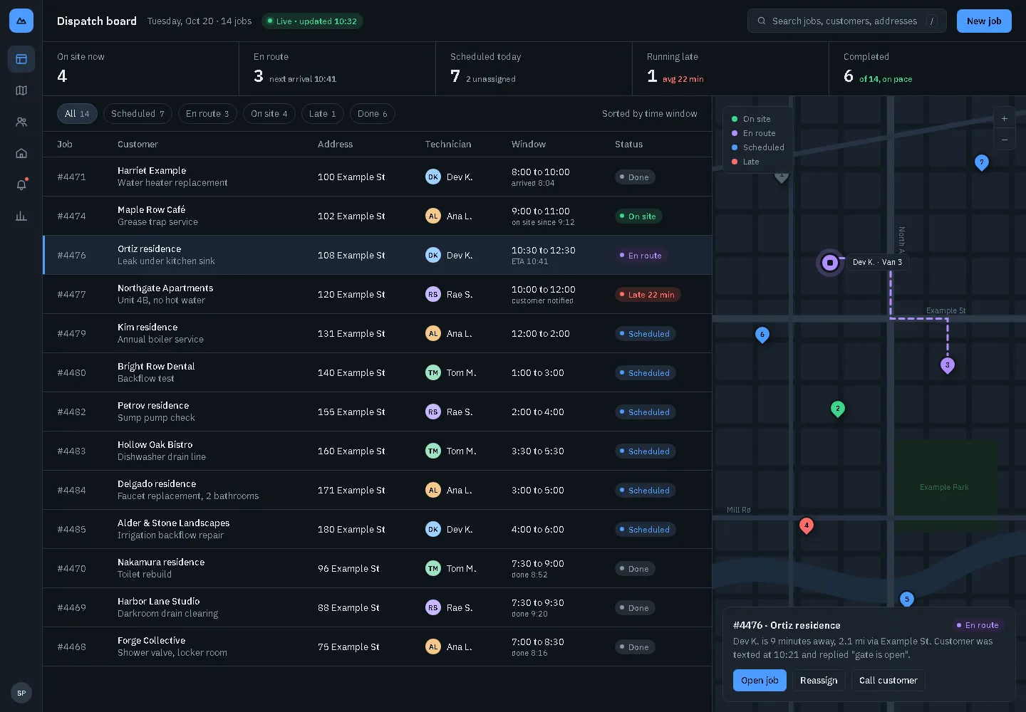 Dense dispatch board with status chips and live map (web app sample, desktop view)