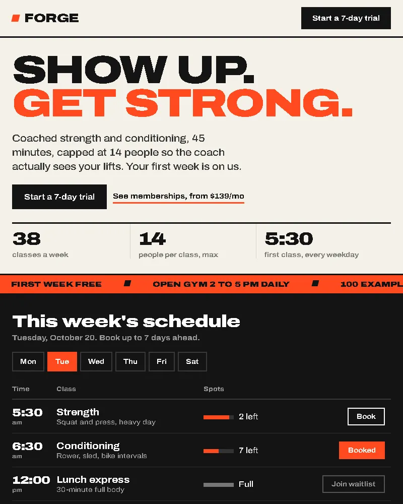 Loud display type, high contrast, bookable class schedule (website sample, phone view)