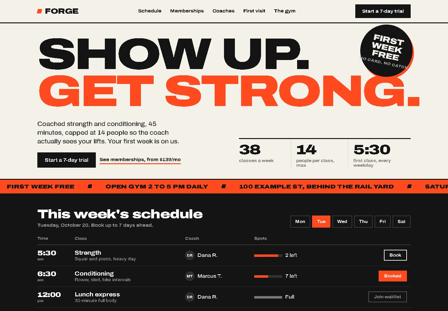 Loud display type, high contrast, bookable class schedule (website sample, desktop view)