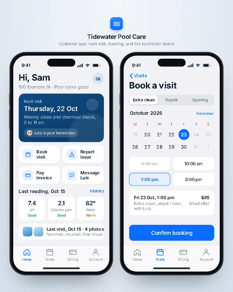 Customer companion app: home, booking, live technician status (iOS app sample, phone view)