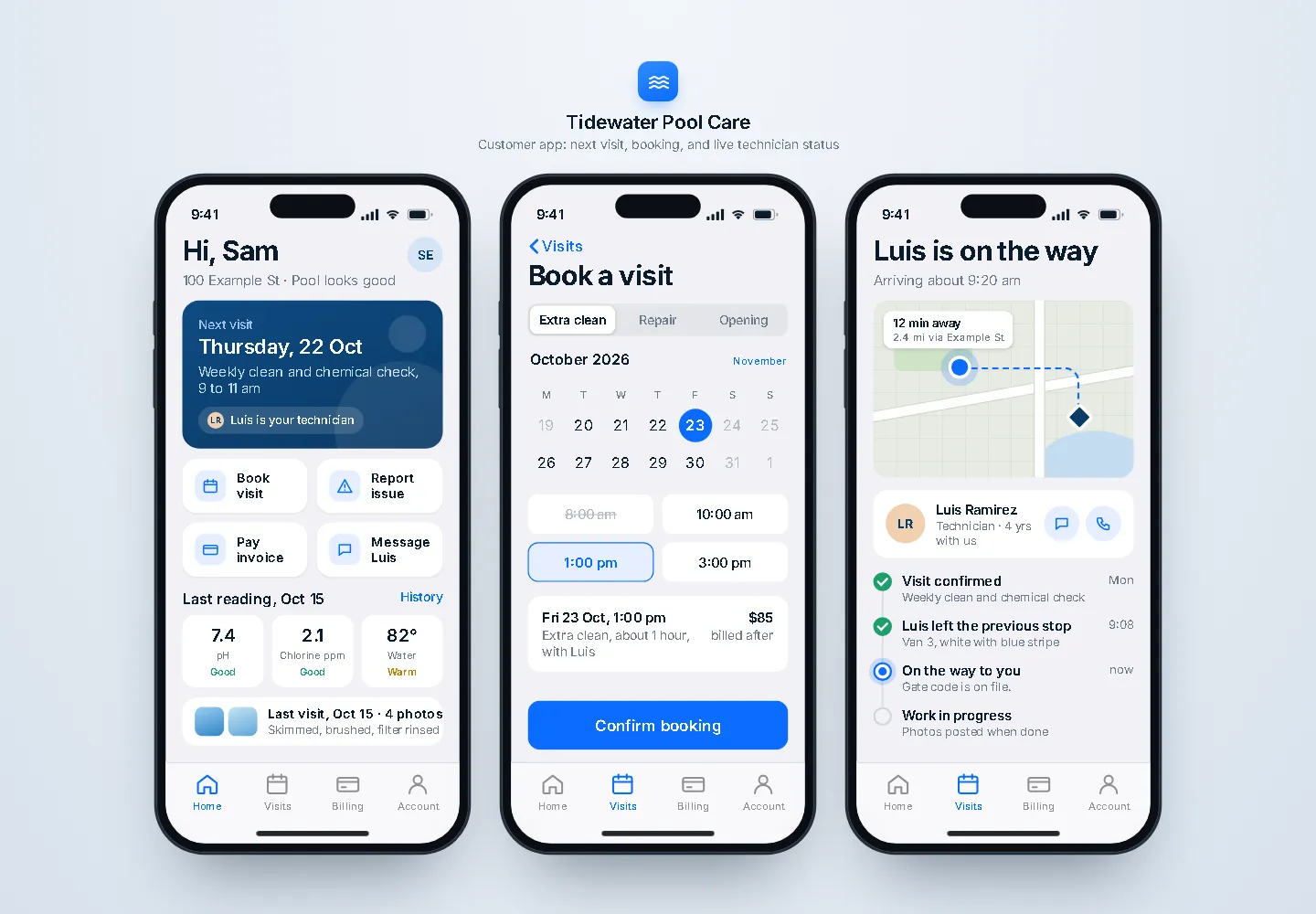Customer companion app: home, booking, live technician status (iOS app sample, desktop view)
