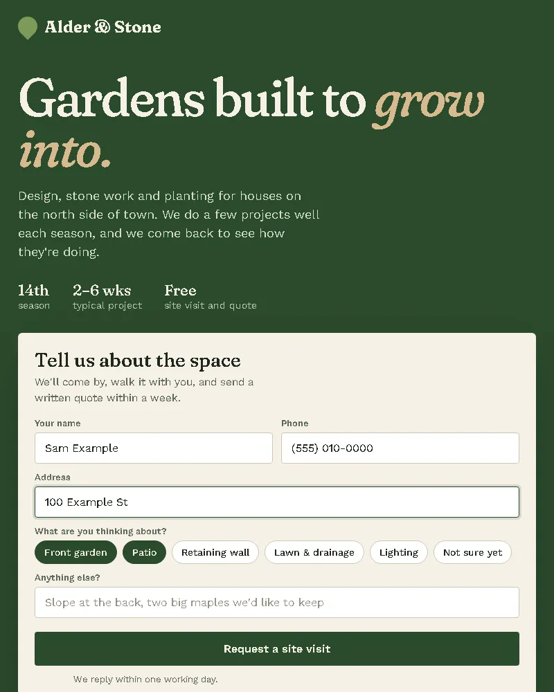 Earthy green, soft serif, quote form and recent work up front (website sample, phone view)