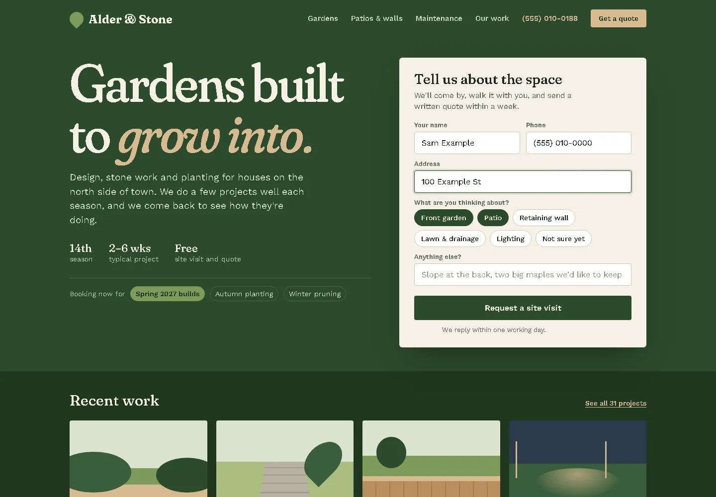Earthy green, soft serif, quote form and recent work up front (website sample, desktop view)