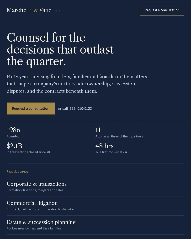 Navy and cream serif, authoritative and unhurried (website sample, phone view)
