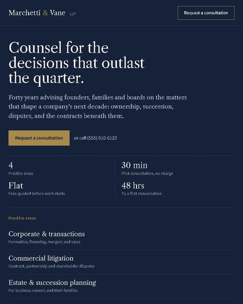 Law firm site that feels established and explains each service (website sample, phone view)