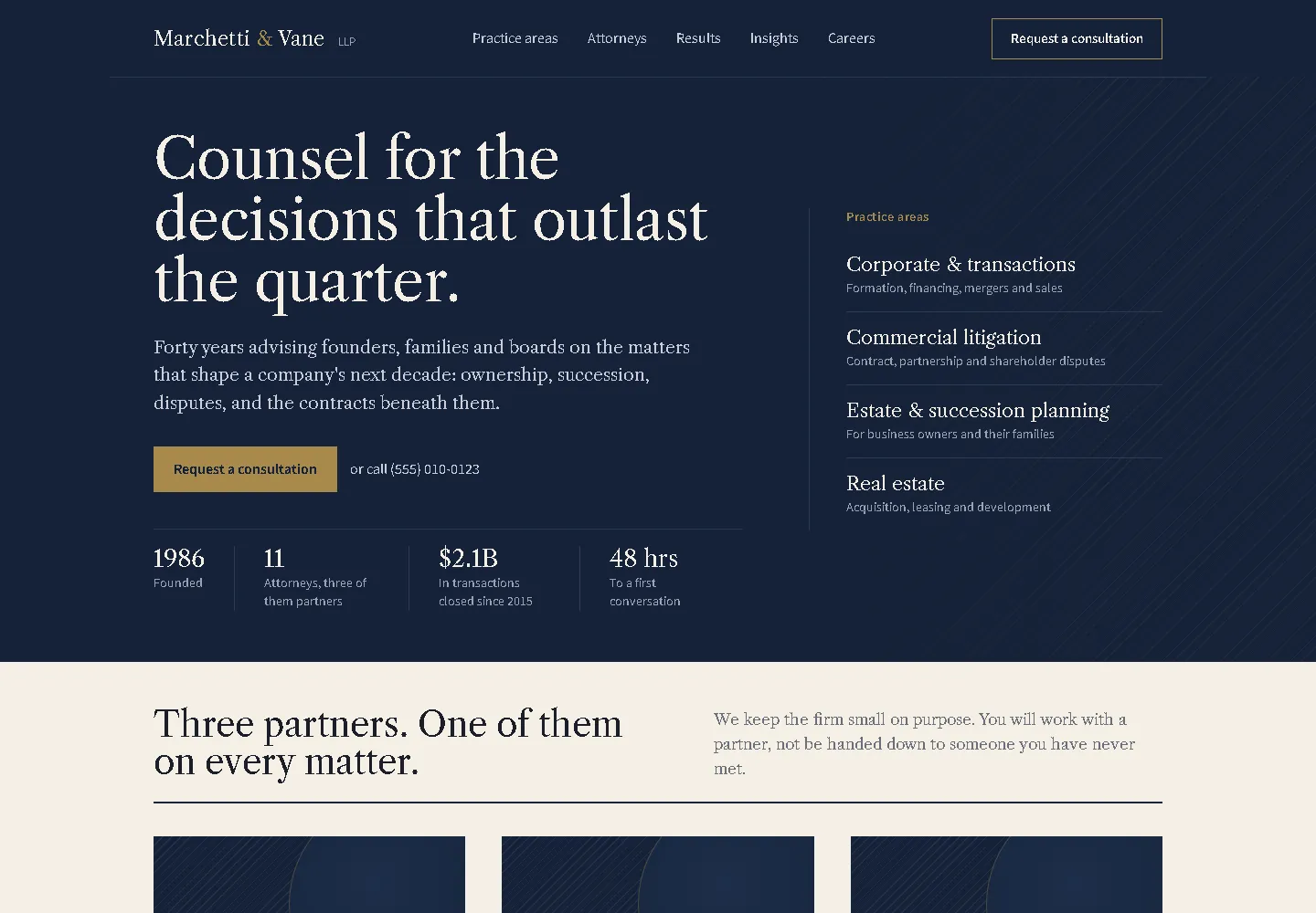 Navy and cream serif, authoritative and unhurried (website sample, desktop view)