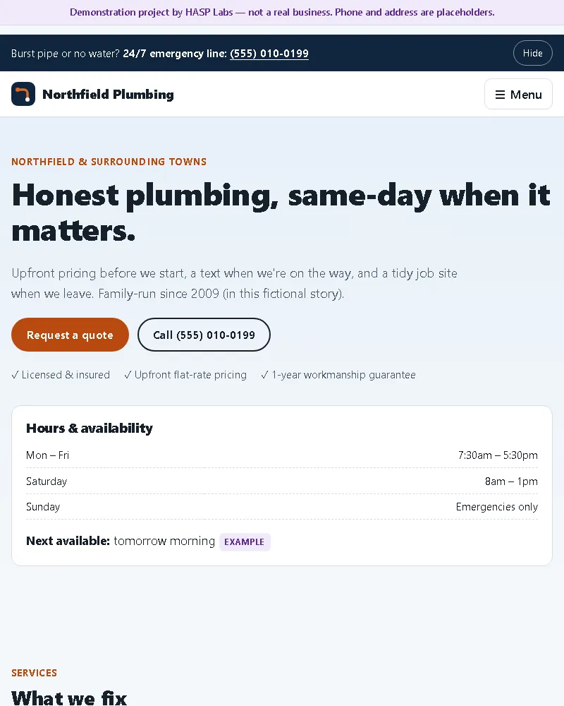 Trade site with live hours, quotes and emergency line (website sample, phone view)