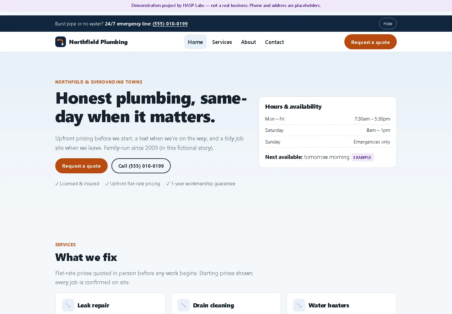 Trade site with live hours, quotes and emergency line (website sample, desktop view)